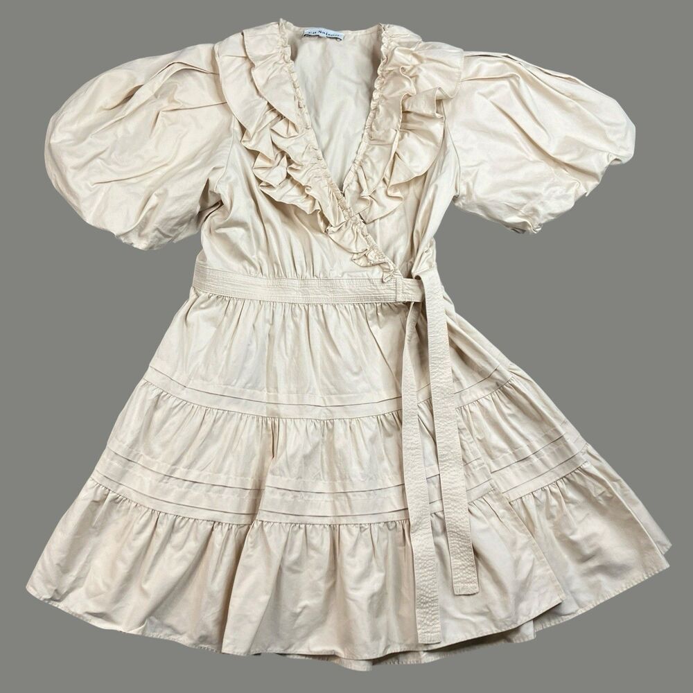 En Saison Dress Womens M Cream Cotton Wrap Ruffle Puff Sleeve Tiered Cottagecore